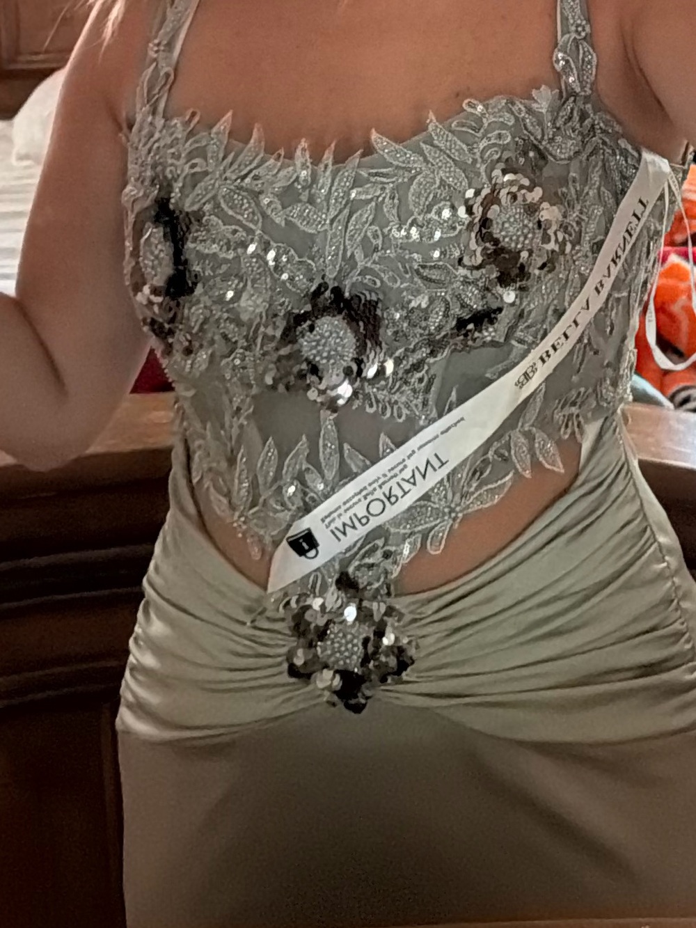 Beaded Silver Prom Dress with Lace Appliqué